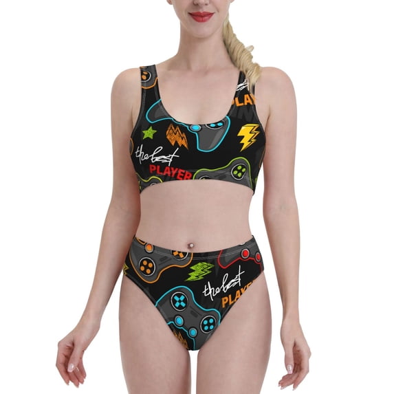 Daiia Play Game3 printed 2 piece Swimsuit Bikinis for Women High Waisted Racerback Bathing Suits Summer Tummy Control Scoop Neck Swimwear-XX-Large