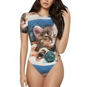 Daiia Playful Cat print Women's Crew Neck Short Sleeve Bodysuit Fashion Tops Fit Casual Basic Extender Bodysuit-Large