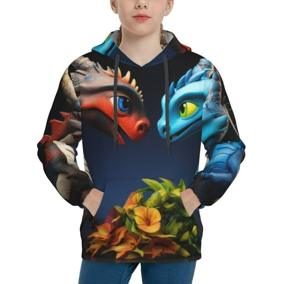 Daiia Playful Colorful Dragons Flowers for Boys Fashion Hoodies & Sweatshirts with Kangaroo Pocket,Hooded Sweatshirt for Kid, Breathable& Moisture Wicking-Small