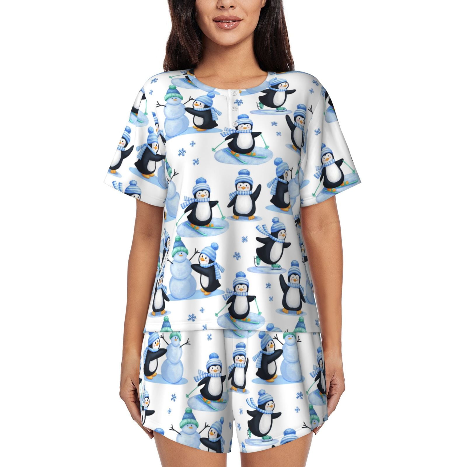 Daiia Playful Penguins and Snowmen Pattern Womens Pajama Sets Short