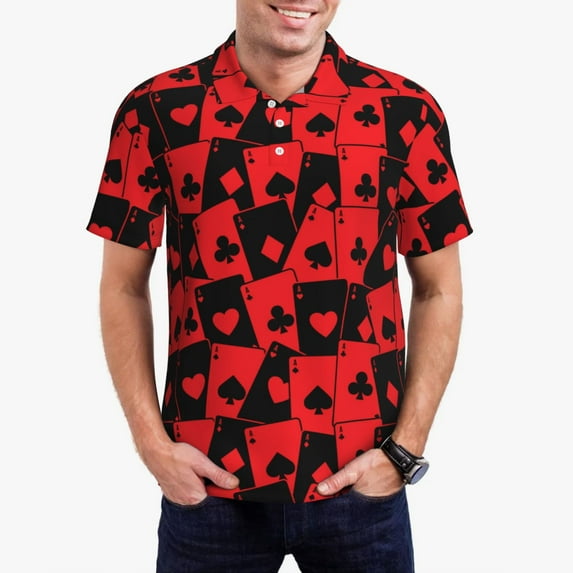 Daiia Playing Cards Pattern Men’s Polo Shirts,Solid Deck Shirt,Classic Fit, Breathable Cotton Polo for Casual and Sport Wear-Medium