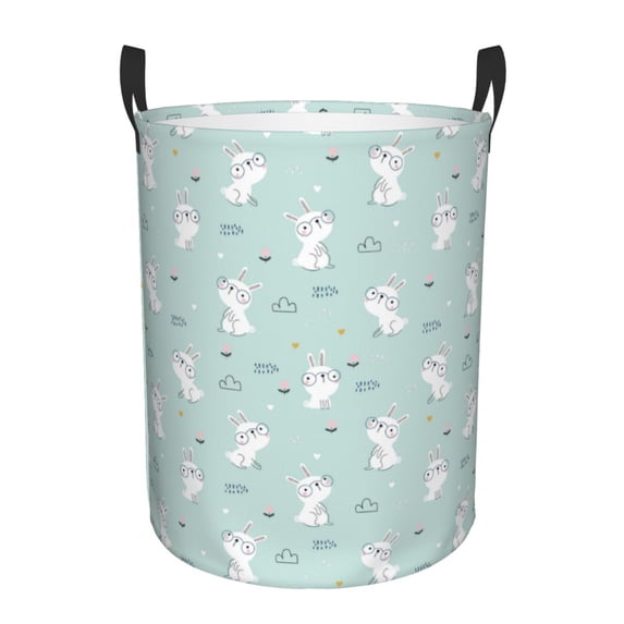 Daiia Playing Rabbit Round Laundry Basket with Handles Thickened Waterproof Circular hamper,Dirty Clothes Storage Basket for Bedroom,Bathroom,College Dorm-Medium