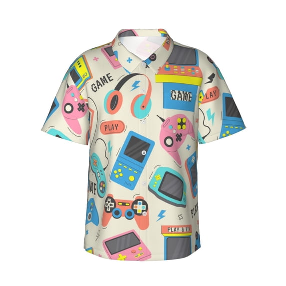 Daiia Playing Video Games Hawaiian Shirt for Men Gentle Cotton Regular Short Sleeve Casual-XX-Large