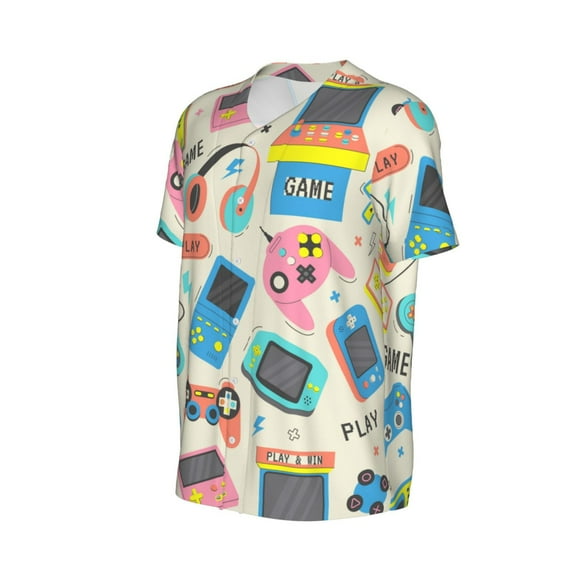 Daiia Playing Video Games Mens Baseball Jersey Button Down Shirts Short Sleeve Sports Uniforms-X-Large