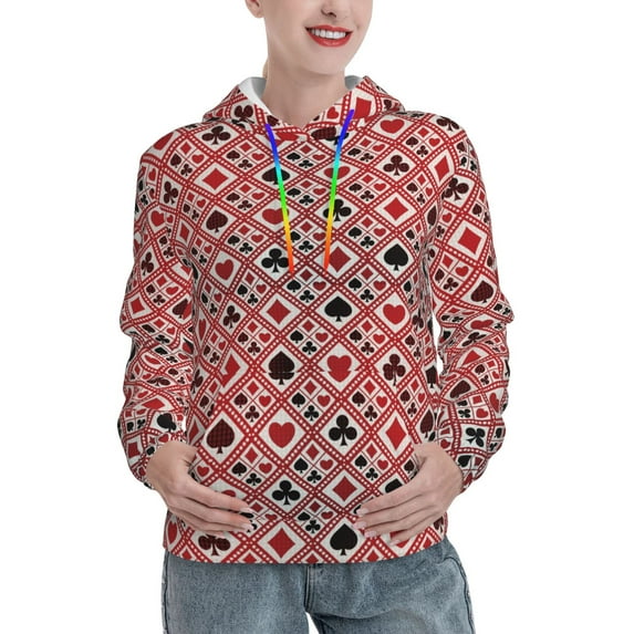 Daiia Poker Pattern Women's Fashion Hoodies & Sweatshirts with Kangaroo Pocket Hooded Sweatshirt with Eye-catching Drawstrings-XX-Large