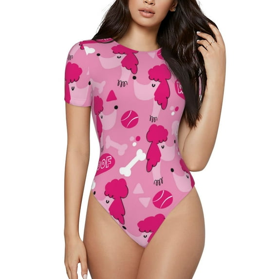 Daiia Poodle Dog print Women's Crew Neck Short Sleeve Bodysuit Fashion Tops Fit Casual Basic Extender Bodysuit-XX-Large