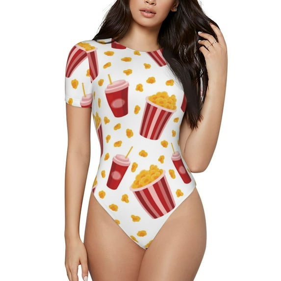 Daiia Popcorn print Women's Crew Neck Short Sleeve Bodysuit Fashion Tops Fit Casual Basic Extender Bodysuit-Small