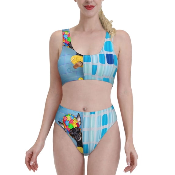 Daiia Prague Ratter Dog in Bathtub printed 2 piece Swimsuit Bikinis for Women High Waisted Racerback Bathing Suits Summer Tummy Control Scoop Neck Swimwear-X-Large