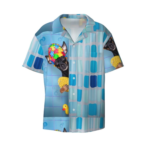 Daiia Prague Ratter Dog in Bathtub Men's Linen Shirts Short Sleeve Casual Shirts Button Down Shirt for Men Beach Summer Wedding Shirt-3X-Large