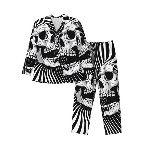 Daiia Psychedelic Skull Illusion Art for Men's Long-Sleeved Pajama Set – Soft & Comfortable Sleepwear Button-Up Pajamas Cozy Lounge Wear-Medium