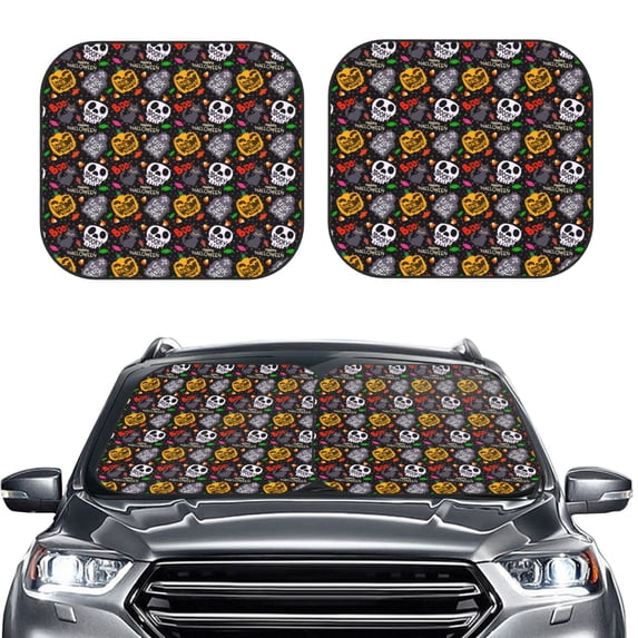 Daiia Pumpkin And Flying Bat 2PCS Car Windshield Sun Shade, Foldable Sun Shield for Car Front Window, Auto Sun Blocker Visor Protector Universal for Truck SUV Pickup-Small