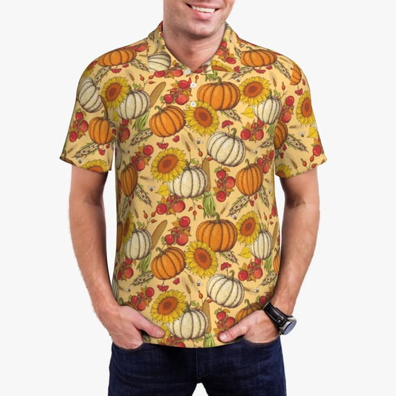 Daiia Pumpkin And Sunflower Pattern Men’s Polo Shirts,Solid Deck Shirt,Classic Fit, Breathable Cotton Polo for Casual and Sport Wear-Large