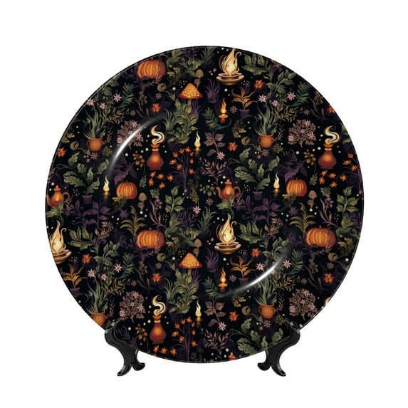 Daiia Pumpkin Plant Garden Printed Pattern Ceramic Plate Dinner Plates Bone China Decorative Plates with Display Stand Art Ceramic Ornaments for Wall Hanging Decoration-10in