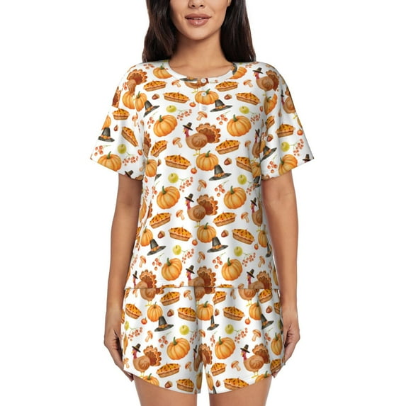 Daiia Pumpkins Pattern Womens Pajama Sets Short Sleeve Pajamas for Women Sets Soft Lounge Sets Casual Round Neck Sleepwear PJS-3X-Large