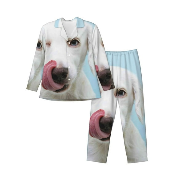Daiia Puppy Licks Nose for Men's Long-Sleeved Pajama Set – Soft & Comfortable Sleepwear Button-Up Pajamas Cozy Lounge Wear-Small