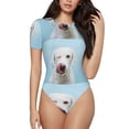thumbnail image 1 of Daiia Puppy Licks Nose print Women's Crew Neck Short Sleeve Bodysuit Fashion Tops Fit Casual Basic Extender Bodysuit-Large, 1 of 9