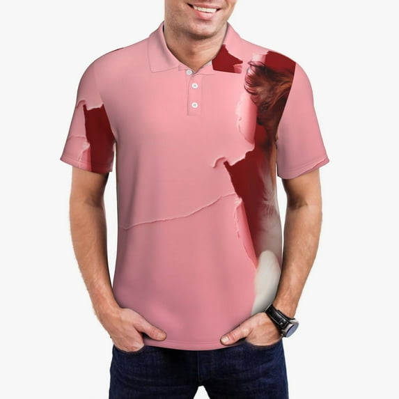 Daiia Puppy Peeking Through Pink Pattern Men’s Polo Shirts,Solid Deck Shirt,Classic Fit, Breathable Cotton Polo for Casual and Sport Wear-3X-Large