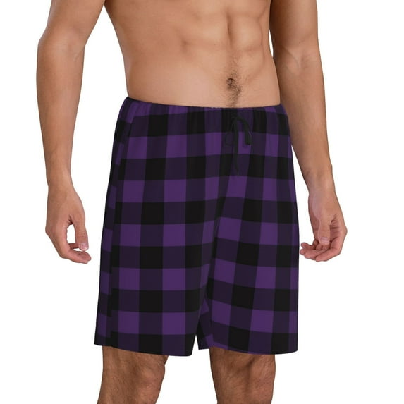 Daiia Purple Black Plaid Mens Woven Stretch Pajama Short,Short Pajama Pants-XX-Large