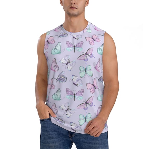 Daiia Purple Butterfly Printed Men's Tank Tops,Casual Soft Sleeveless Gym Muscle Shirts Bodybuilding Tee-Medium