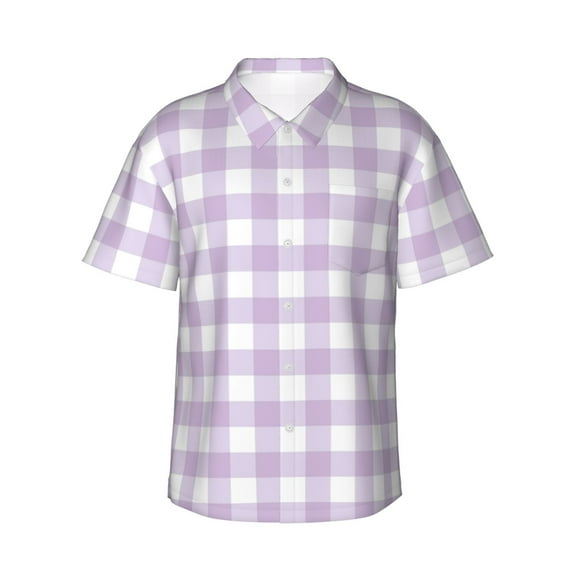 Daiia Purple Checkboard Hawaiian Shirt for Men Gentle Cotton Regular Short Sleeve Casual-Large