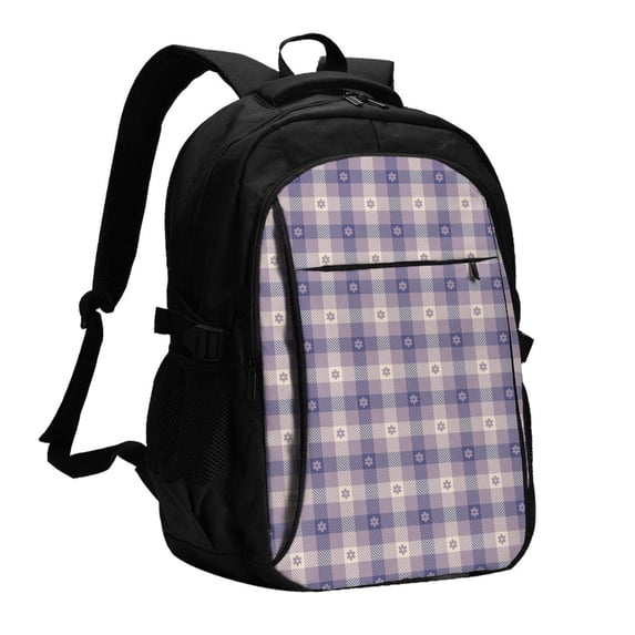 Daiia Purple Floral Gingham Check Plaid Pattern USB Charging Backpack for Men and Women, Anti-Theft Backpack,Travel Backpack,School Backpack,College Backpack,Laptop Backpack