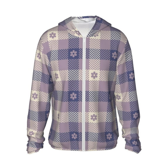 Daiia Purple Floral Gingham Check Plaid UPF 50+ Sun Protection Hoodie Jacket Lightweight Long Sleeve Sun Shirt for Women Men with Pocket Hiking Outdoor-X-Large