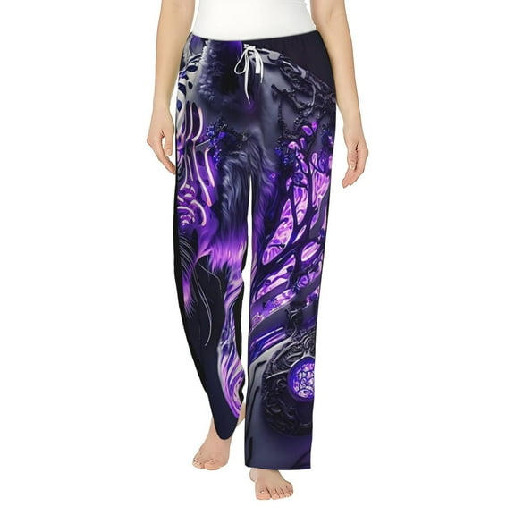 Daiia Purple Pattern White Tiger Women's Sleep Pant with Pockets and Drawstring,Pajama Pants-Small
