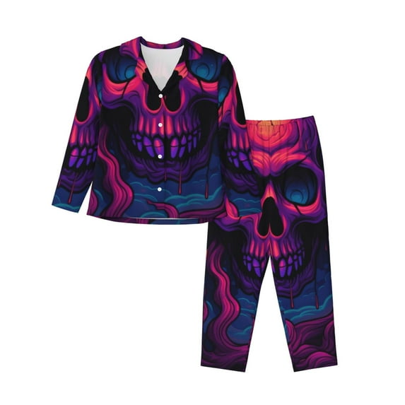 Daiia Purple-Red Skull for Women's Long-Sleeved Pajama Set – Soft & Comfortable Sleepwear Button-Up Pajamas Cozy Lounge Wear-XX-Large