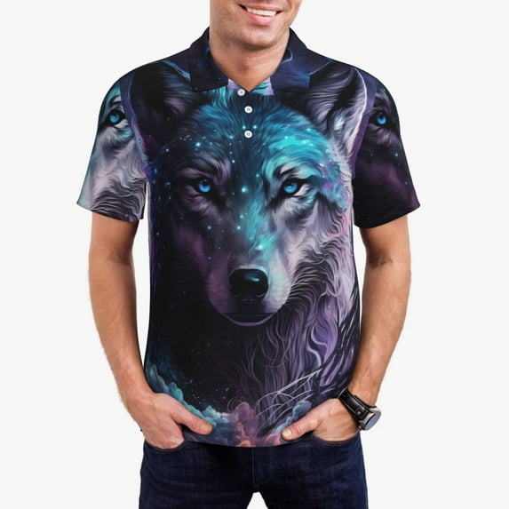 Daiia Purple Sky Wolf Pattern Men’s Polo Shirts,Solid Deck Shirt,Classic Fit, Breathable Cotton Polo for Casual and Sport Wear-Large