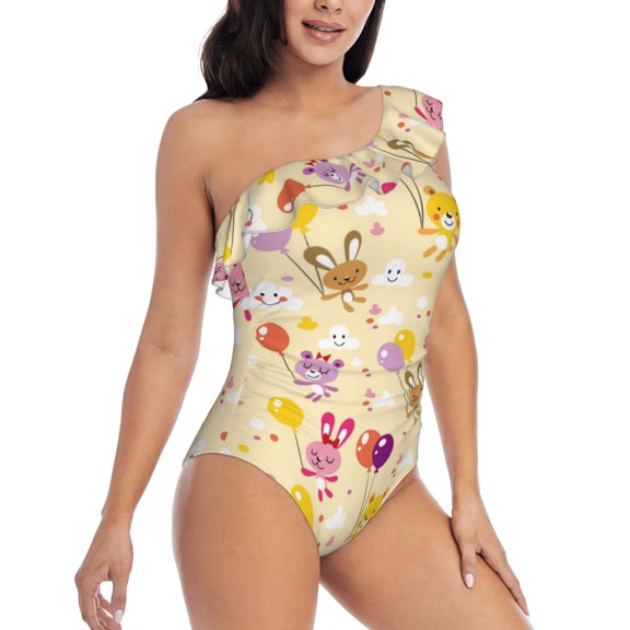 Daiia Rabbit And Balloon Women's One Piece Swimsuits Personalized One Shoulder Swimwear Asymmetric Ruffle Bathing Suits-Large