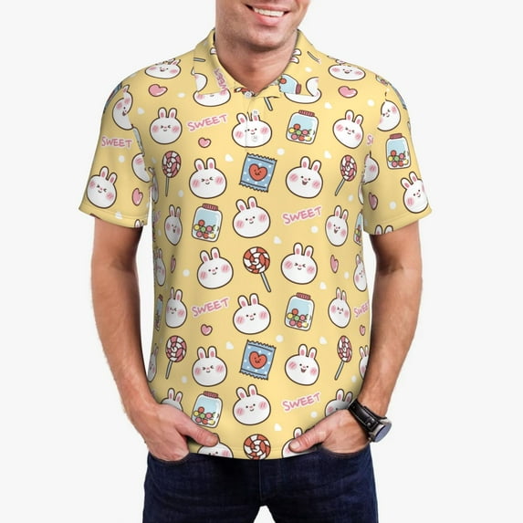 Daiia Rabbit And Candy Pattern Men’s Polo Shirts,Solid Deck Shirt,Classic Fit, Breathable Cotton Polo for Casual and Sport Wear-Large