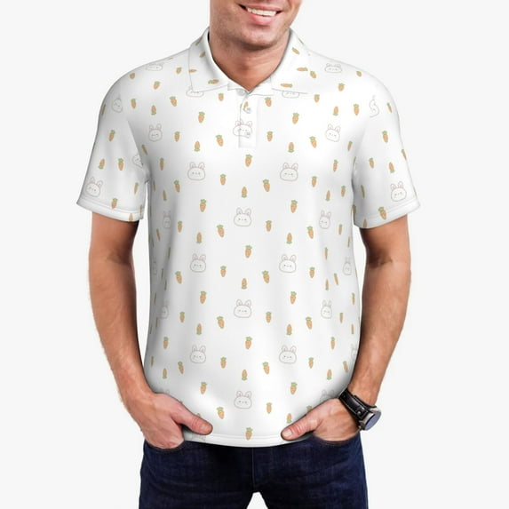 Daiia Rabbit And Carrot Pattern Men’s Polo Shirts,Solid Deck Shirt,Classic Fit, Breathable Cotton Polo for Casual and Sport Wear-