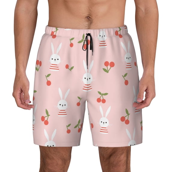 Daiia Rabbit And Cherry Mens Swim Trunks Swim Shorts Quick Dry Swim Shorts with Mesh Lining Pockets-X-Large