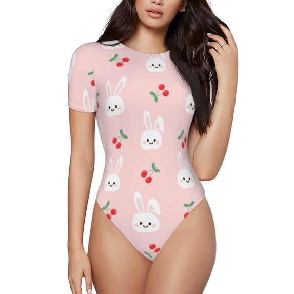 Daiia Rabbit And Cherry print Women's Crew Neck Short Sleeve Bodysuit Fashion Tops Fit Casual Basic Extender Bodysuit-XX-Large
