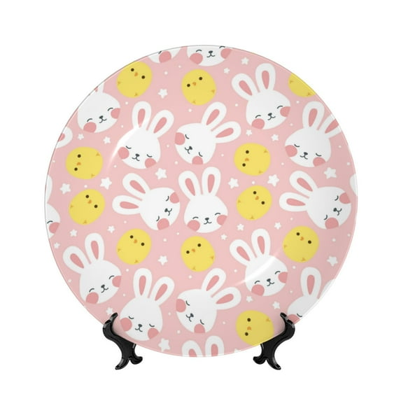Daiia Rabbit And Chick Printed Pattern Ceramic Plate Dinner Plates Bone China Decorative Plates with Display Stand Art Ceramic Ornaments for Wall Hanging Decoration-8in