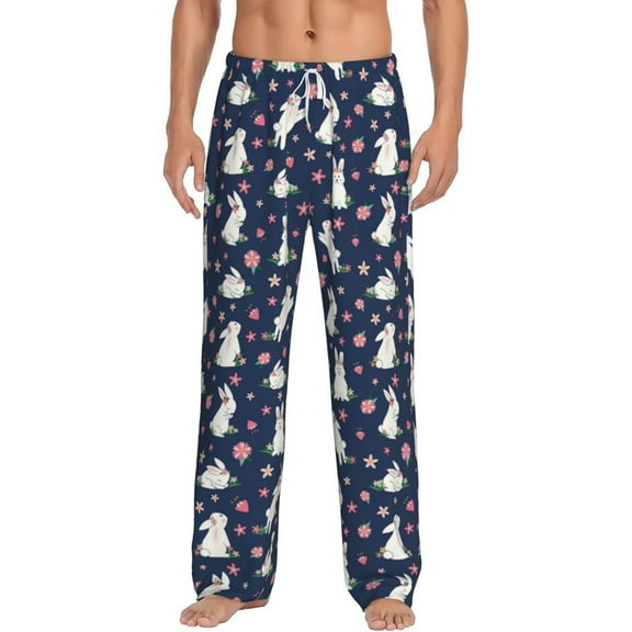 Daiia Rabbit And Flower Men's Sleep Pant with Pockets and Drawstring,Pajama Pants-X-Large