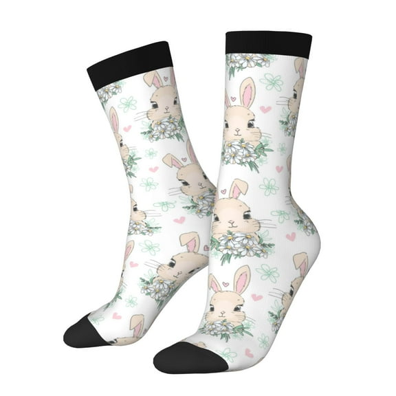 Daiia Rabbit And Flower Print Crew Socks – Soft Breathable Long Socks for Men & Women, Moisture-Wicking & Comfortable Daily Wear Socks, One-Size Fits Most (US 5-11)