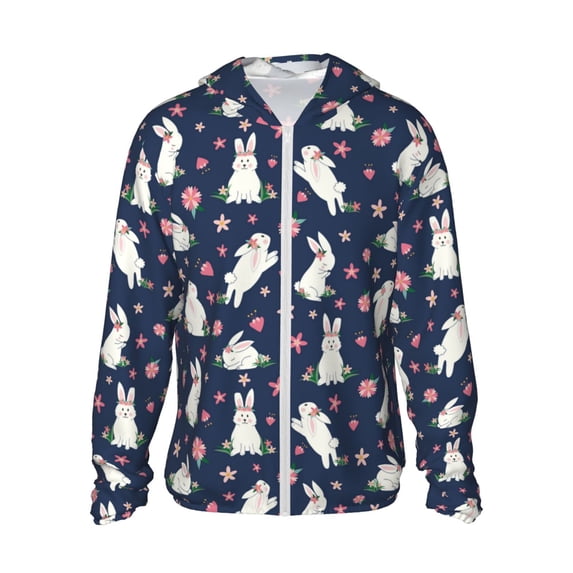 Daiia Rabbit And Flower UPF 50+ Sun Protection Hoodie Jacket Lightweight Long Sleeve Sun Shirt for Women Men with Pocket Hiking Outdoor-Large