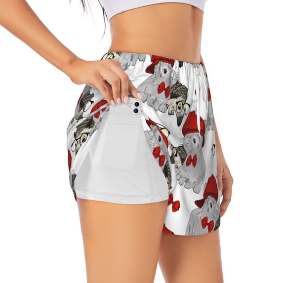 Daiia Rabbit And Hedgehog Pattern Women's 2 in 1 Running Shorts - Lightweight Athletic Workout Gym Yoga Shorts Liner with Phone Pockets-X-Large