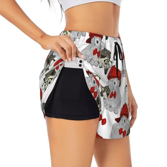 Daiia Rabbit And Hedgehog Pattern Women's 2 in 1 Running Shorts - Lightweight Athletic Workout Gym Yoga Shorts Liner with Phone Pockets-XX-Large