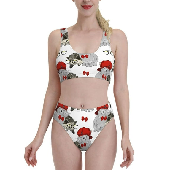 Daiia Rabbit And Hedgehog printed 2 piece Swimsuit Bikinis for Women High Waisted Racerback Bathing Suits Summer Tummy Control Scoop Neck Swimwear-Large