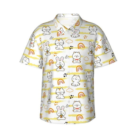 Daiia Rabbit And Milk Tea Hawaiian Shirt for Men Gentle Cotton Regular Short Sleeve Casual-Medium