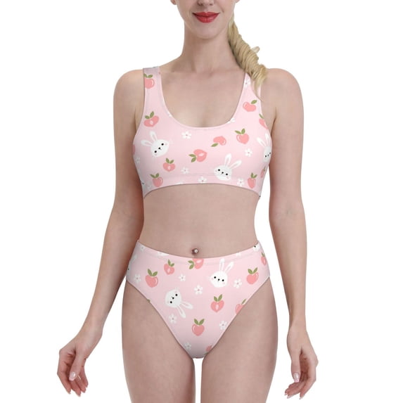Daiia Rabbit And Peach printed 2 piece Swimsuit Bikinis for Women High Waisted Racerback Bathing Suits Summer Tummy Control Scoop Neck Swimwear-Medium