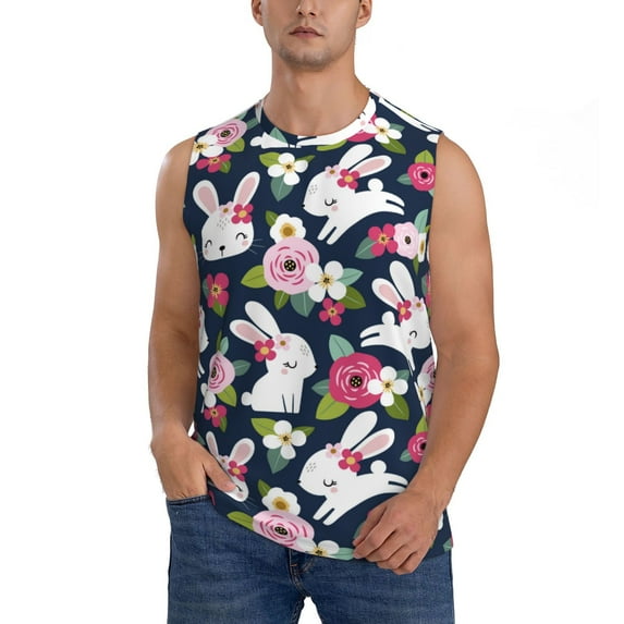 Daiia Rabbit And Rose Printed Men's Tank Tops,Casual Soft Sleeveless Gym Muscle Shirts Bodybuilding Tee-Small