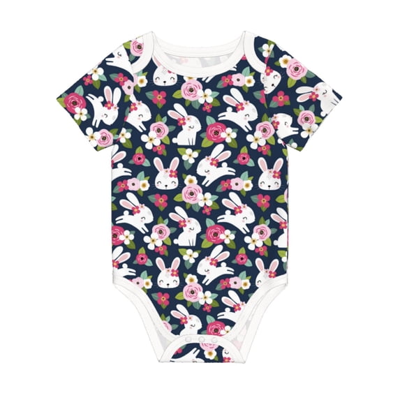 Daiia Rabbit And Rose Printed Unisex-Baby Short Sleeve Onesies Bodysuits Baby Climbing Clothes Soft and Comfortable Romper with Expandable Shoulder Design-6 Months