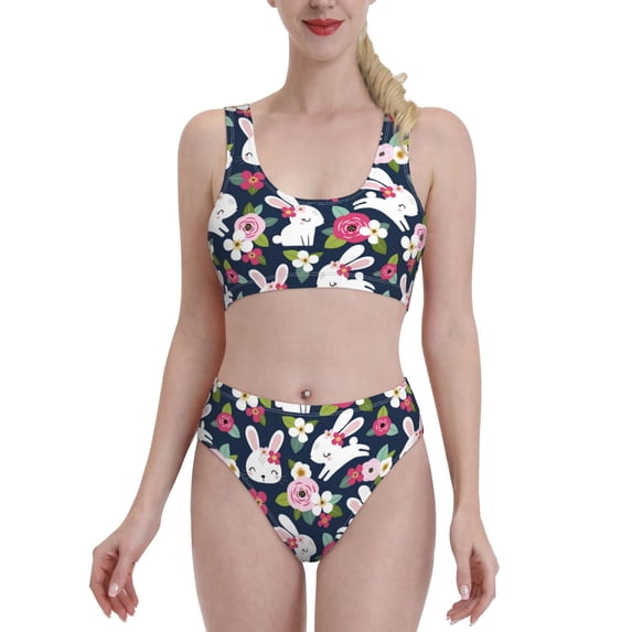 Daiia Rabbit And Rose printed 2 piece Swimsuit Bikinis for Women High Waisted Racerback Bathing Suits Summer Tummy Control Scoop Neck Swimwear-Medium