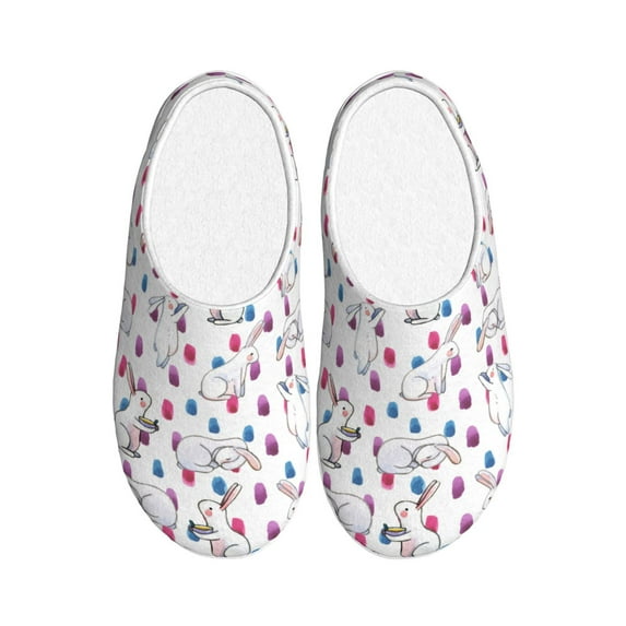 Daiia Rabbit Eating Print Women’s Fuzzy Slippers Memory Foam Lightweight House Shoes Cozy Loafer Flannel House Shoes-37/38