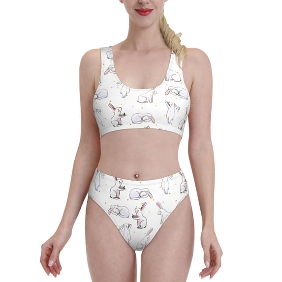 Daiia Rabbit Eating printed 2 piece Swimsuit Bikinis for Women High Waisted Racerback Bathing Suits Summer Tummy Control Scoop Neck Swimwear-Large