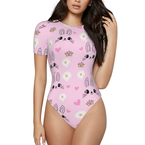 Daiia Rabbit Face print Women's Crew Neck Short Sleeve Bodysuit Fashion Tops Fit Casual Basic Extender Bodysuit-Medium