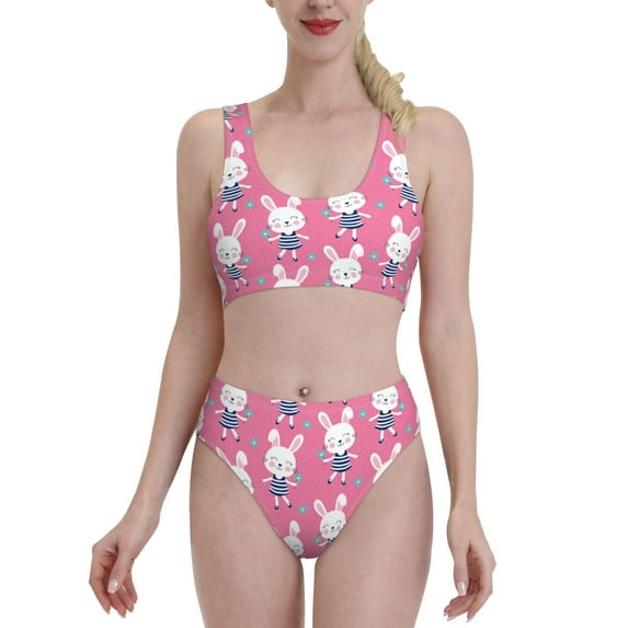 Daiia Rabbit Holding Flowers printed 2 piece Swimsuit Bikinis for Women High Waisted Racerback Bathing Suits Summer Tummy Control Scoop Neck Swimwear-Large